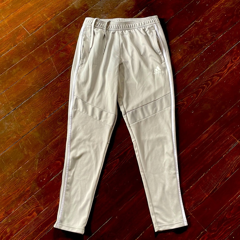 Adidas Tiro 3 Stripe Track Pants Grey with White, Light Grey and Dark Grey.